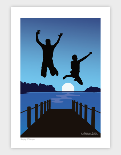 Two jumping off the pier